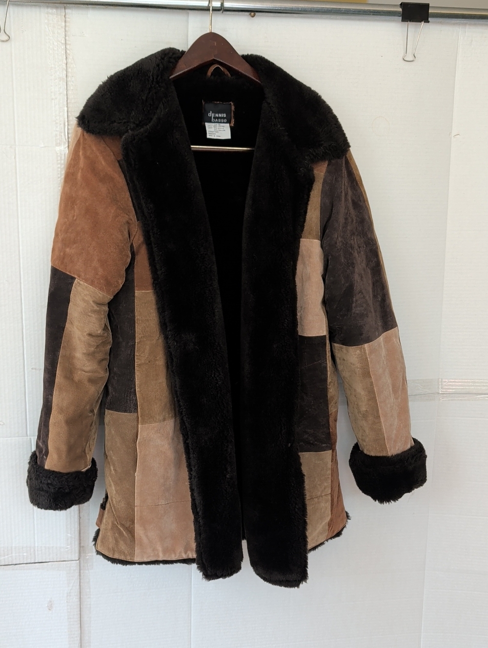 Dennis Basso Brown & Black Patchwork Suede Leather Coat SZ Med Cozy Comfy Chic
